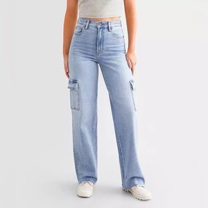 Hidden Los Angeles Wide Leg Cargo Jeans Sz 23 High Rise Light Wash Frayed Hem